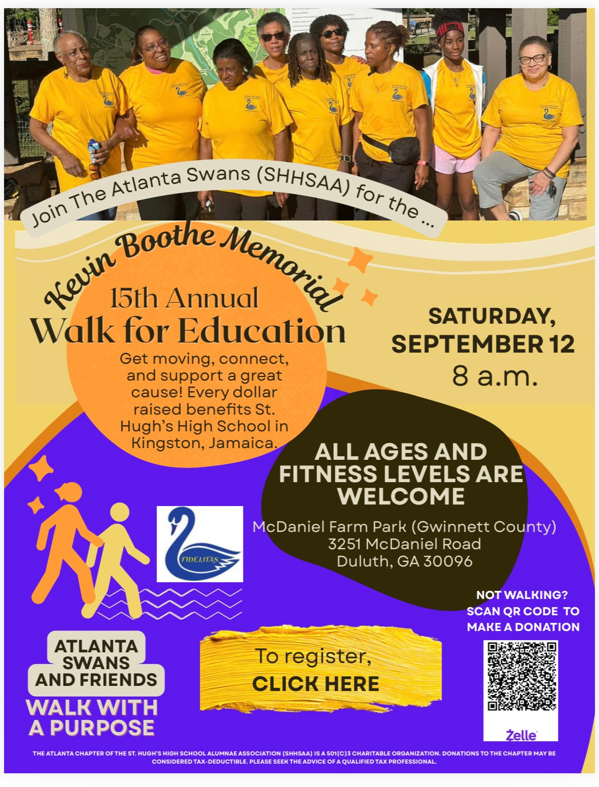 Promotional flyer for the 15th Annual Kevin Boothe Memorial Walk for Education, featuring a group photo of Atlanta Swans players in yellow jerseys at the top, event details, registration information, and a QR code.